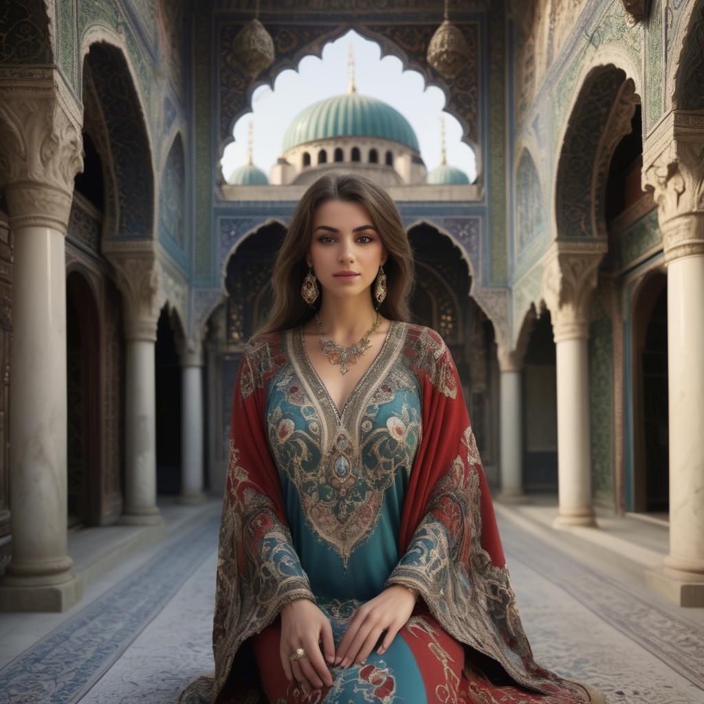 A stunning image of turkish enchantress in a richly embroidered kaftan surrounded by ornate architecture.