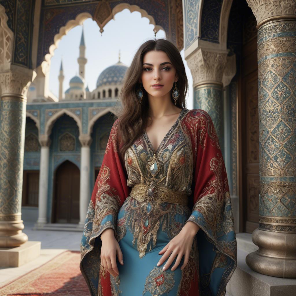 A stunning image of turkish enchantress in a richly embroidered kaftan surrounded by ornate architecture.