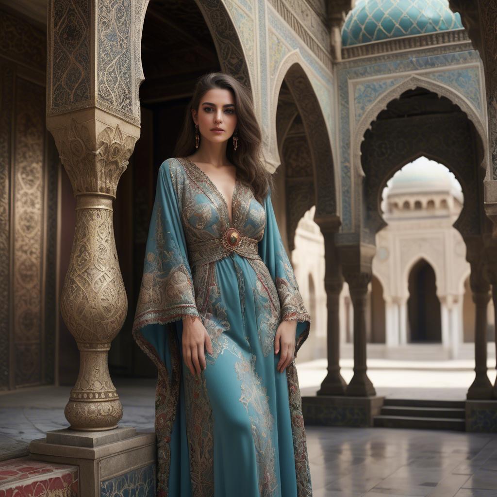A stunning image of turkish enchantress in a richly embroidered kaftan surrounded by ornate architecture.