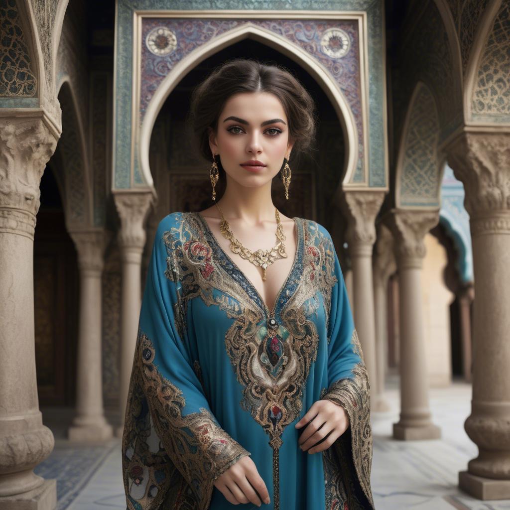 A stunning image of turkish enchantress in a richly embroidered kaftan surrounded by ornate architecture.