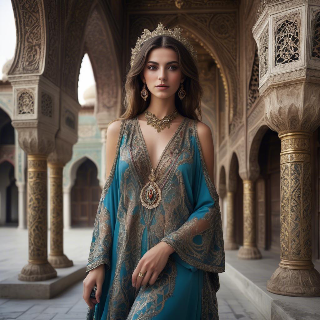 A stunning image of turkish enchantress in a richly embroidered kaftan surrounded by ornate architecture.