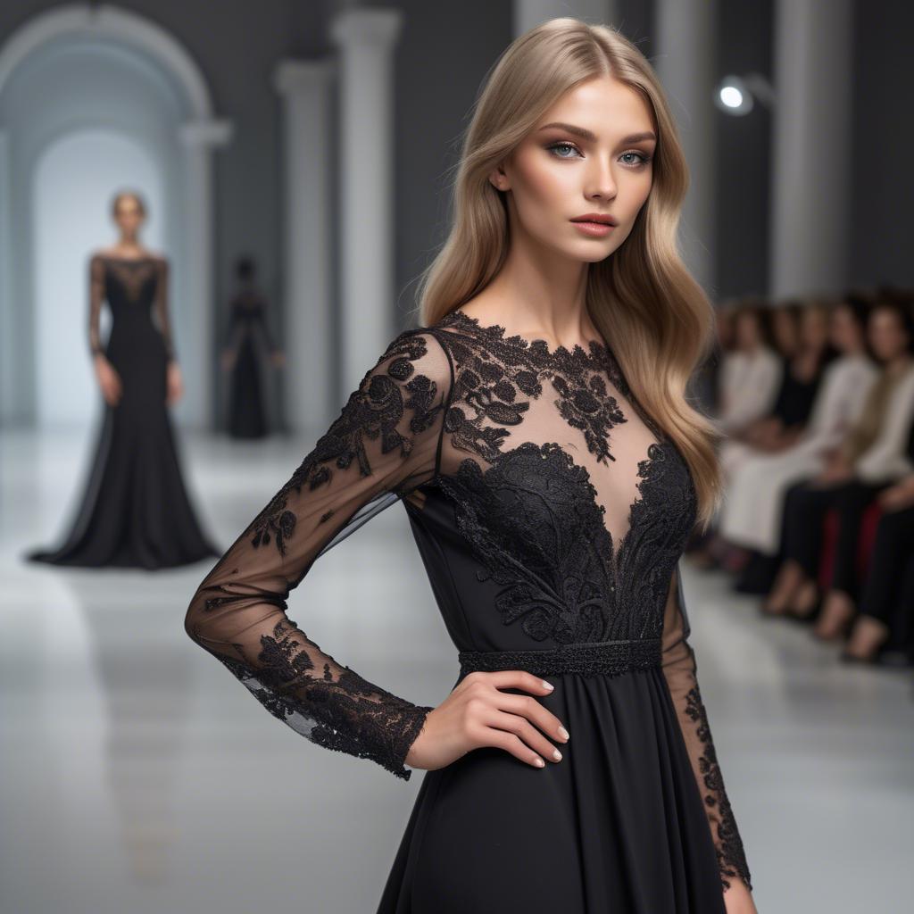 A stunning image of ukrainian fashion model showcasing a sleek black gown with intricate lace embroidery.