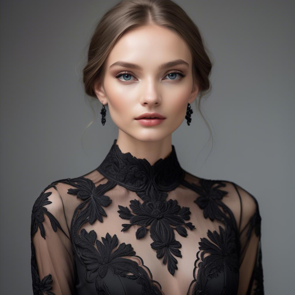 A stunning image of ukrainian fashion model showcasing a sleek black gown with intricate lace embroidery.