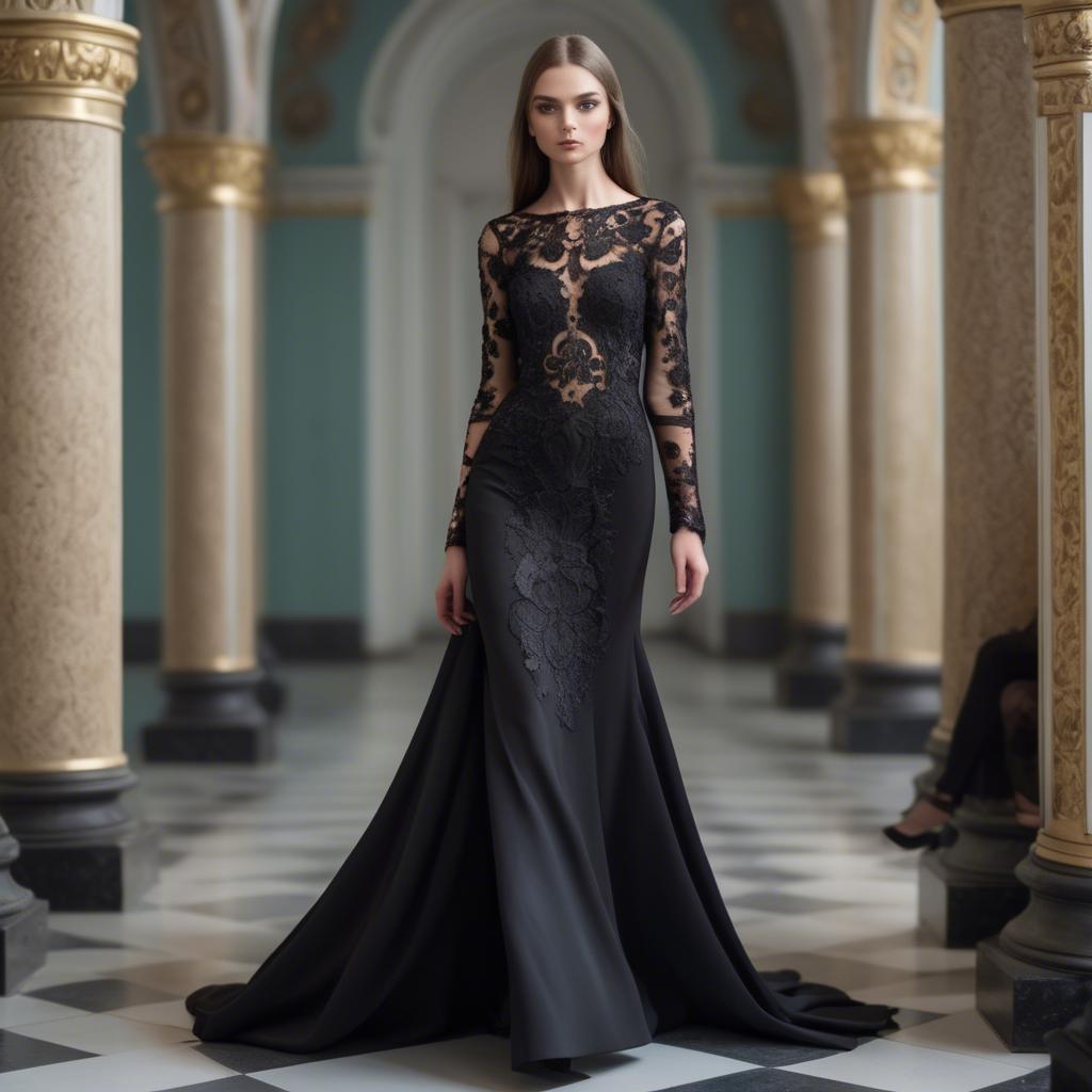 A stunning image of ukrainian fashion model showcasing a sleek black gown with intricate lace embroidery.