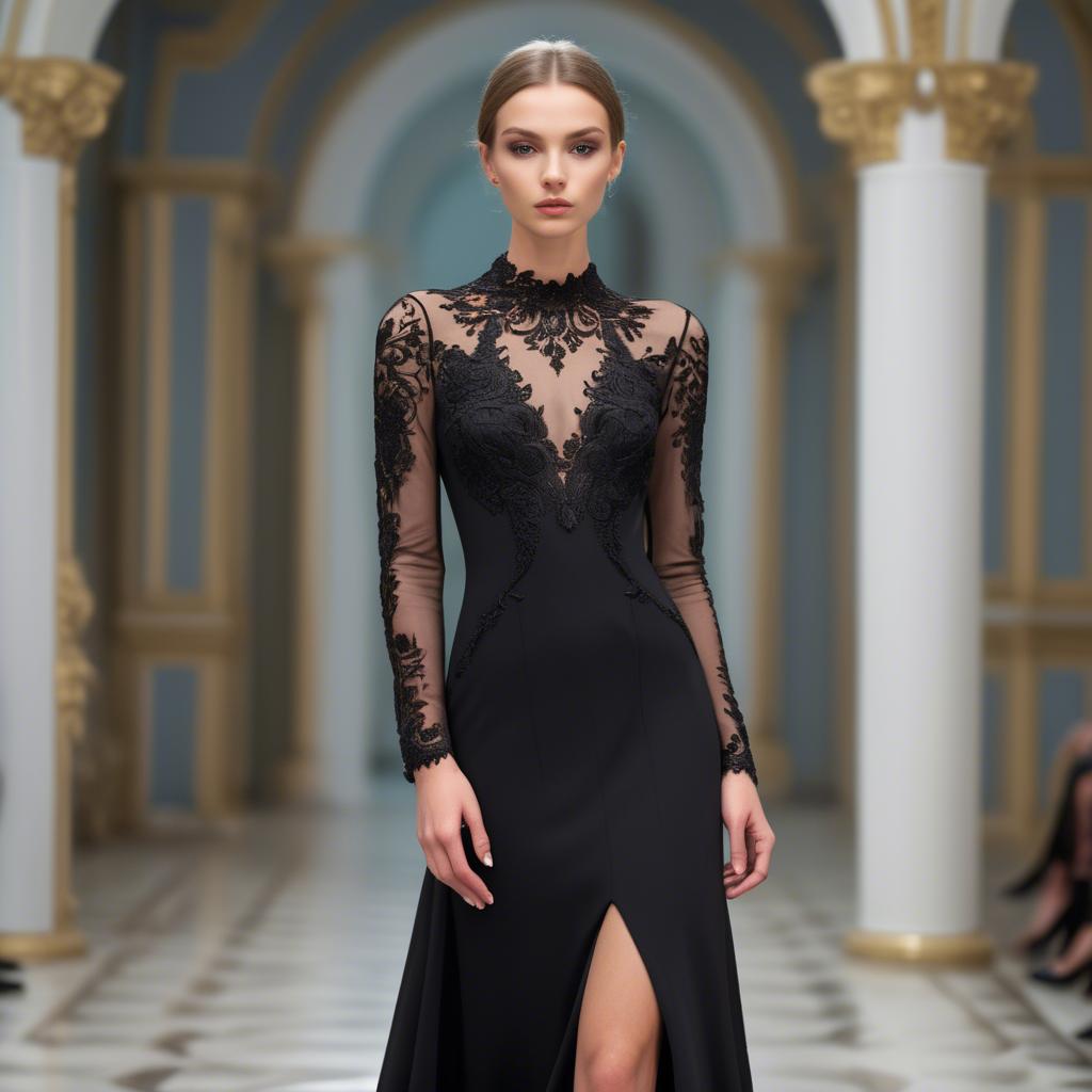 A stunning image of ukrainian fashion model showcasing a sleek black gown with intricate lace embroidery.