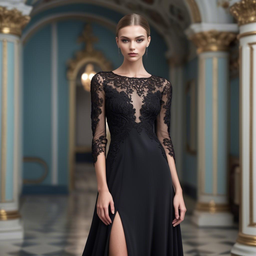 A stunning image of ukrainian fashion model showcasing a sleek black gown with intricate lace embroidery.