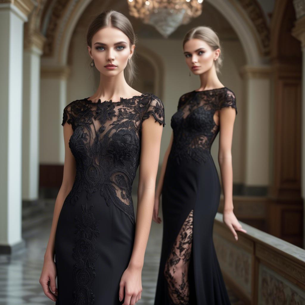A stunning image of ukrainian fashion model showcasing a sleek black gown with intricate lace embroidery.