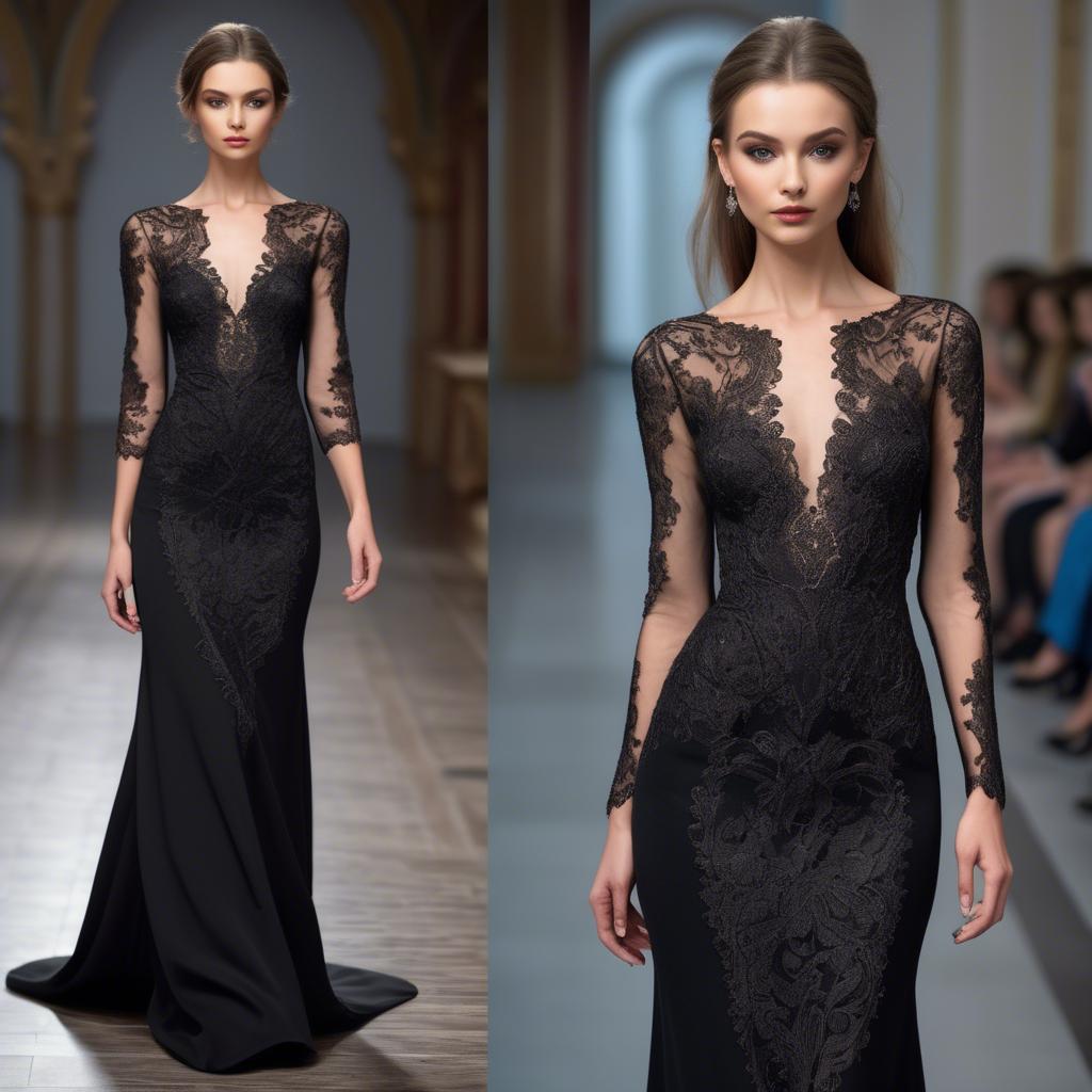 A stunning image of ukrainian fashion model showcasing a sleek black gown with intricate lace embroidery.