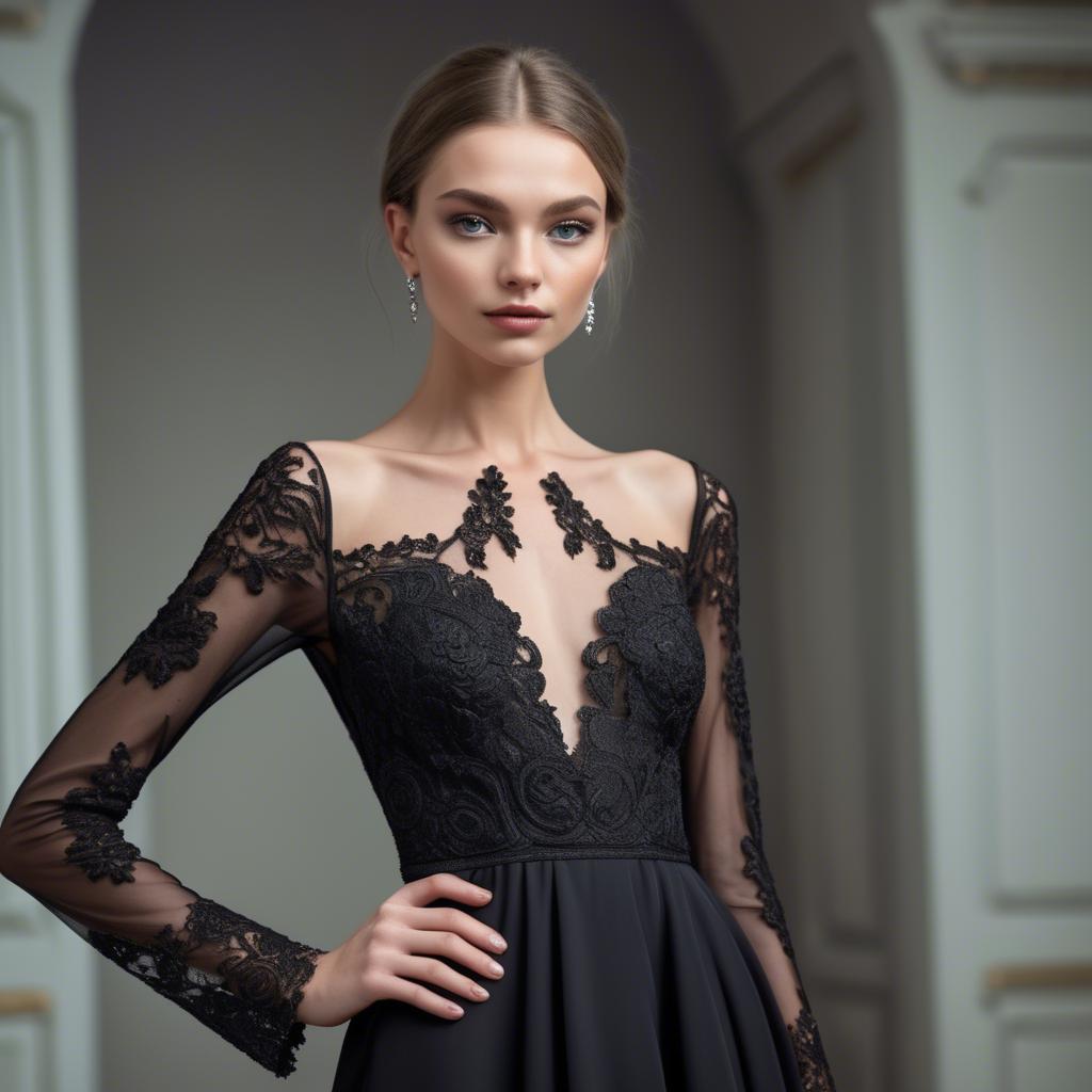 A stunning image of ukrainian fashion model showcasing a sleek black gown with intricate lace embroidery.