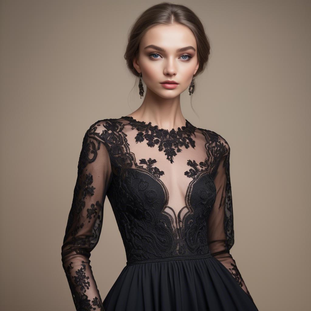 A stunning image of ukrainian fashion model showcasing a sleek black gown with intricate lace embroidery.