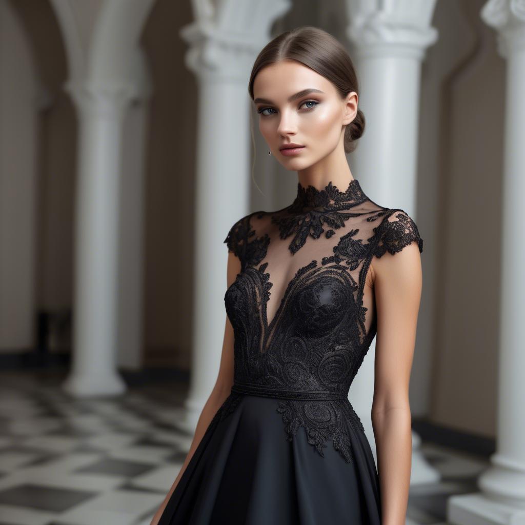A stunning image of ukrainian fashion model showcasing a sleek black gown with intricate lace embroidery.