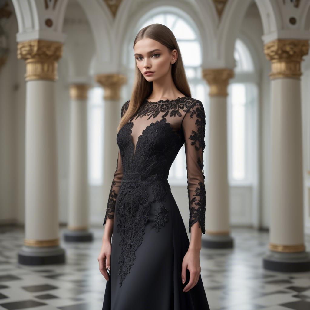 A stunning image of ukrainian fashion model showcasing a sleek black gown with intricate lace embroidery.