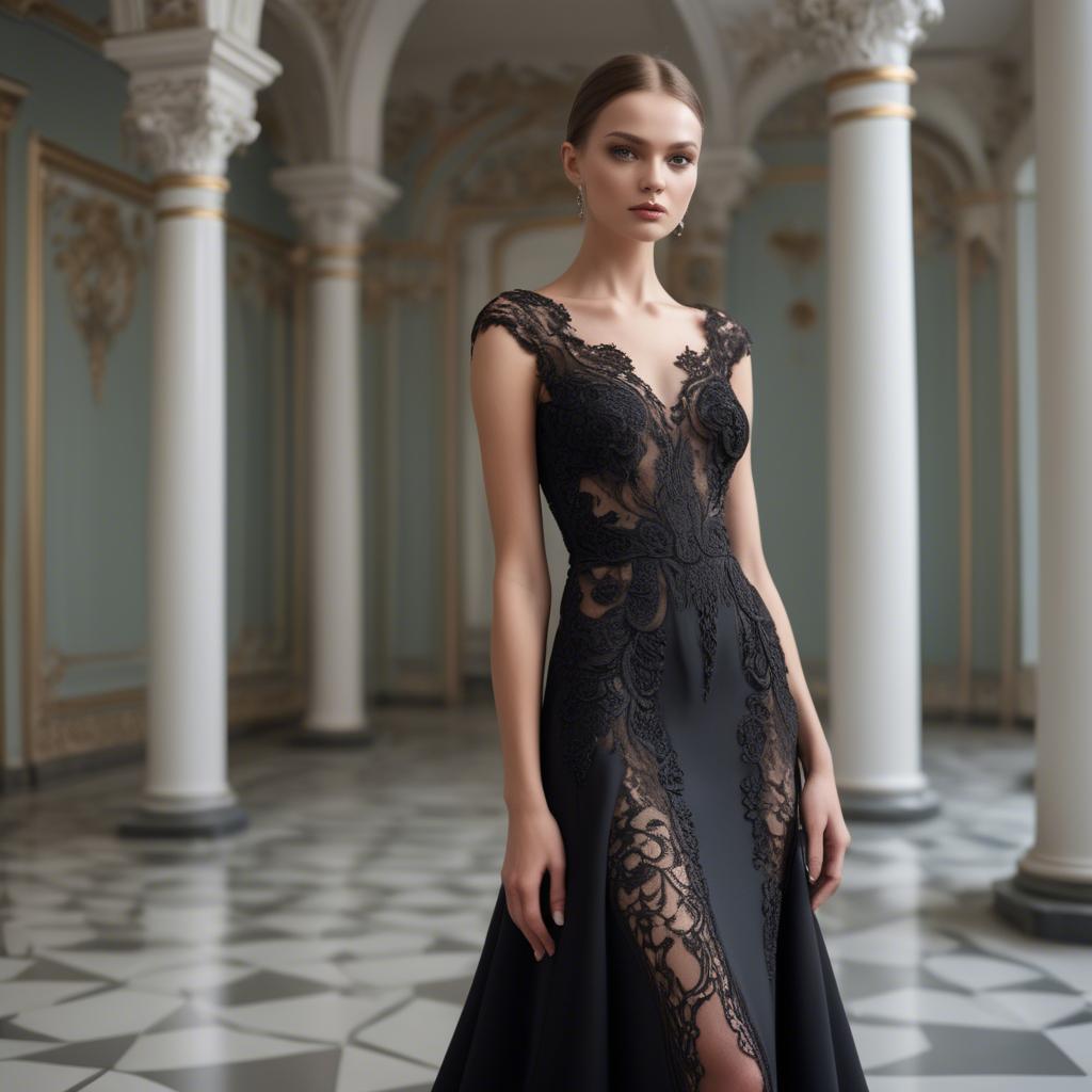 A stunning image of ukrainian fashion model showcasing a sleek black gown with intricate lace embroidery.