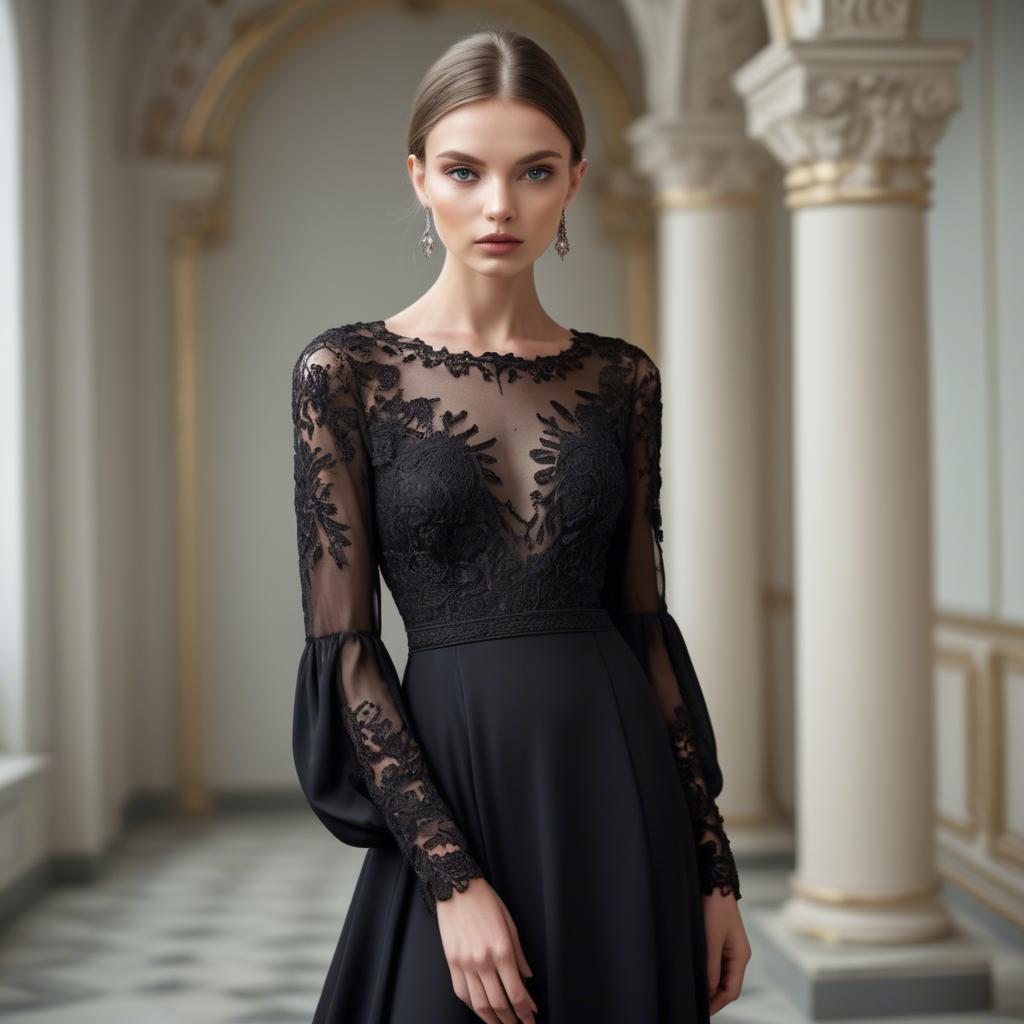 A stunning image of ukrainian fashion model showcasing a sleek black gown with intricate lace embroidery.