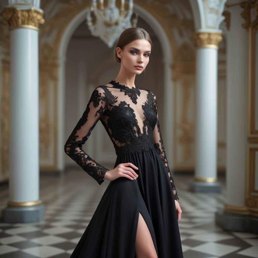 A stunning image of ukrainian fashion model showcasing a sleek black gown with intricate lace embroidery.