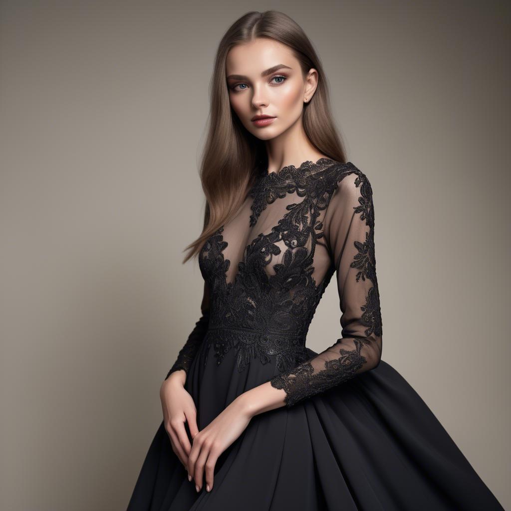 A stunning image of ukrainian fashion model showcasing a sleek black gown with intricate lace embroidery.