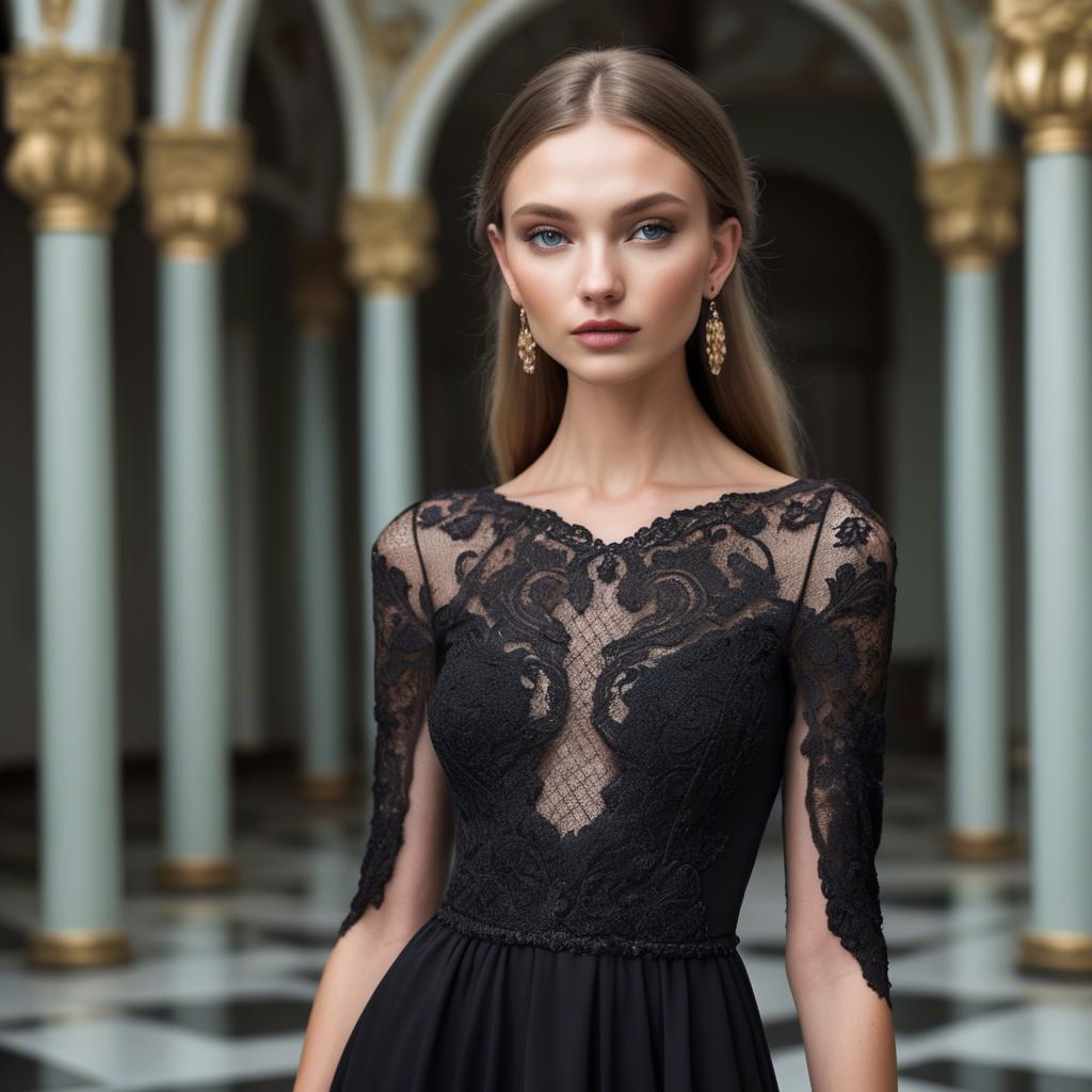 A stunning image of ukrainian fashion model showcasing a sleek black gown with intricate lace embroidery.