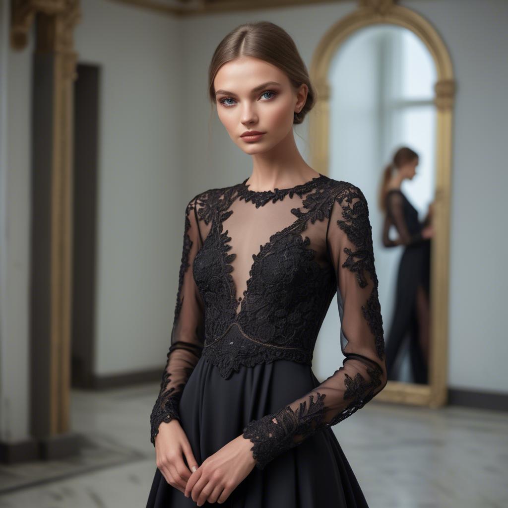 A stunning image of ukrainian fashion model showcasing a sleek black gown with intricate lace embroidery.