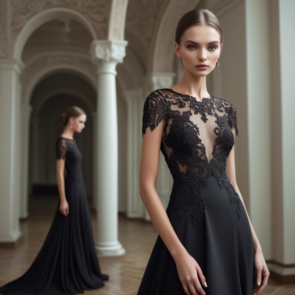 A stunning image of ukrainian fashion model showcasing a sleek black gown with intricate lace embroidery.