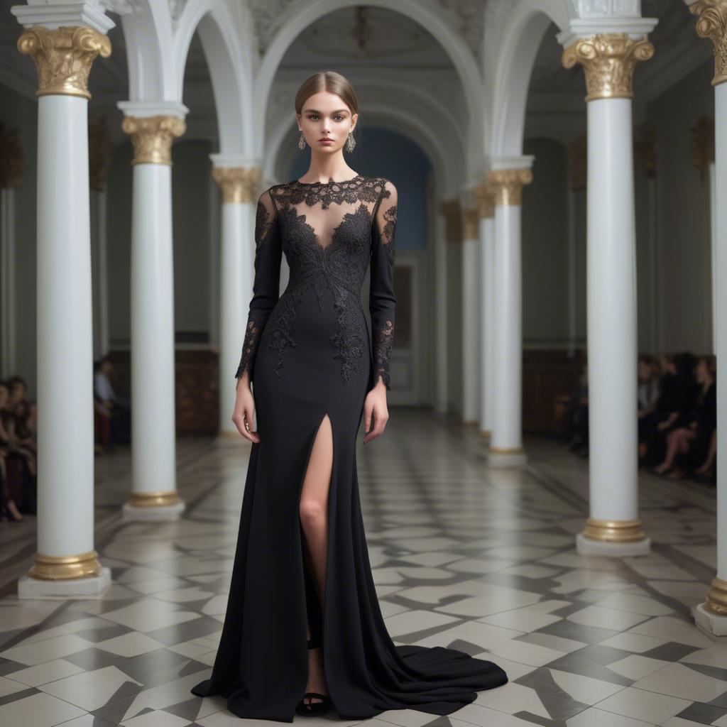 A stunning image of ukrainian fashion model showcasing a sleek black gown with intricate lace embroidery.