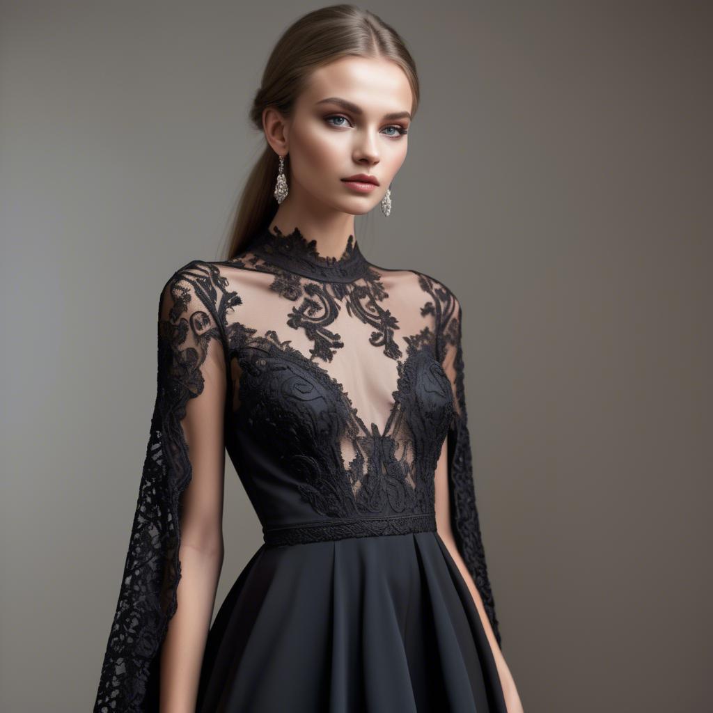 A stunning image of ukrainian fashion model showcasing a sleek black gown with intricate lace embroidery.