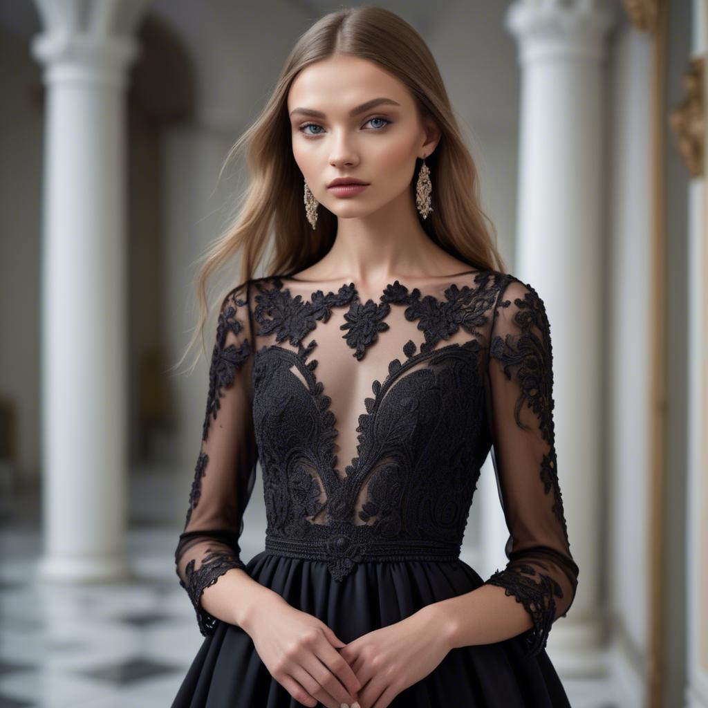 A stunning image of ukrainian fashion model showcasing a sleek black gown with intricate lace embroidery.