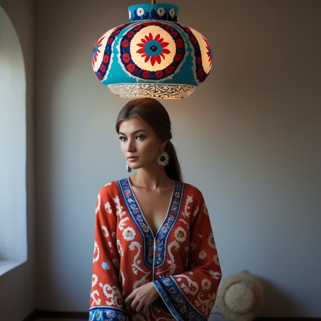A stunning image of uzbek model donning a contemporary twist on traditional suzani glowing in soft lamp-light.