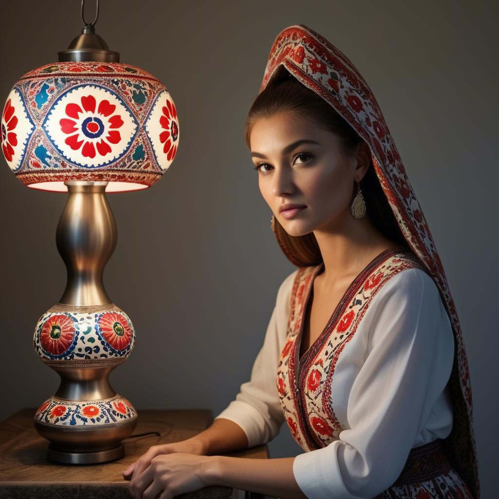 A stunning image of uzbek model donning a contemporary twist on traditional suzani glowing in soft lamp-light.