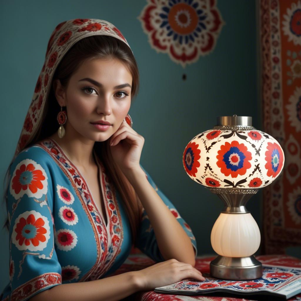 A stunning image of uzbek model donning a contemporary twist on traditional suzani glowing in soft lamp-light.