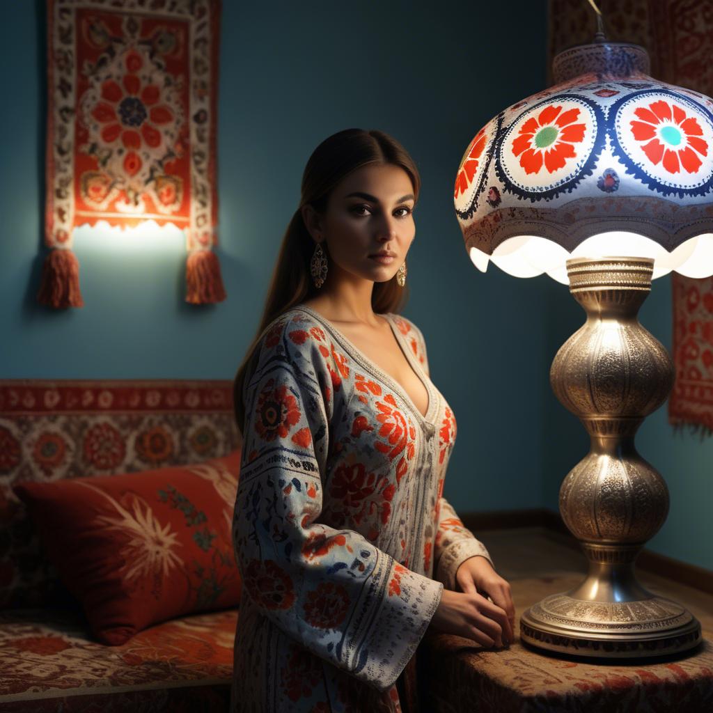 A stunning image of uzbek model donning a contemporary twist on traditional suzani glowing in soft lamp-light.