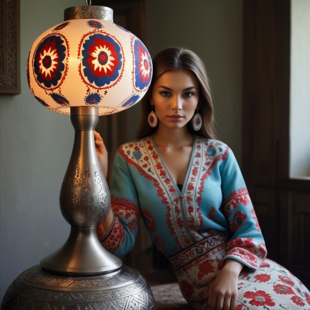 A stunning image of uzbek model donning a contemporary twist on traditional suzani glowing in soft lamp-light.