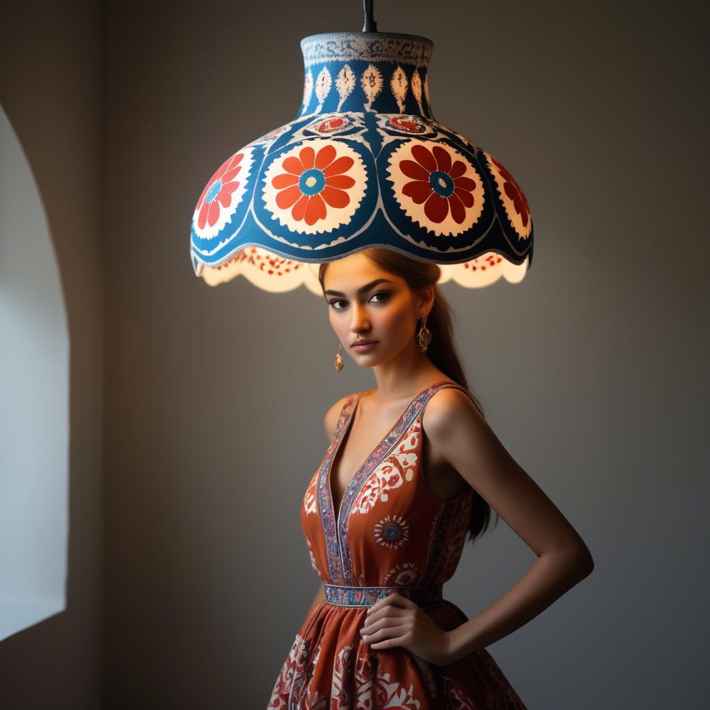 A stunning image of uzbek model donning a contemporary twist on traditional suzani glowing in soft lamp-light.