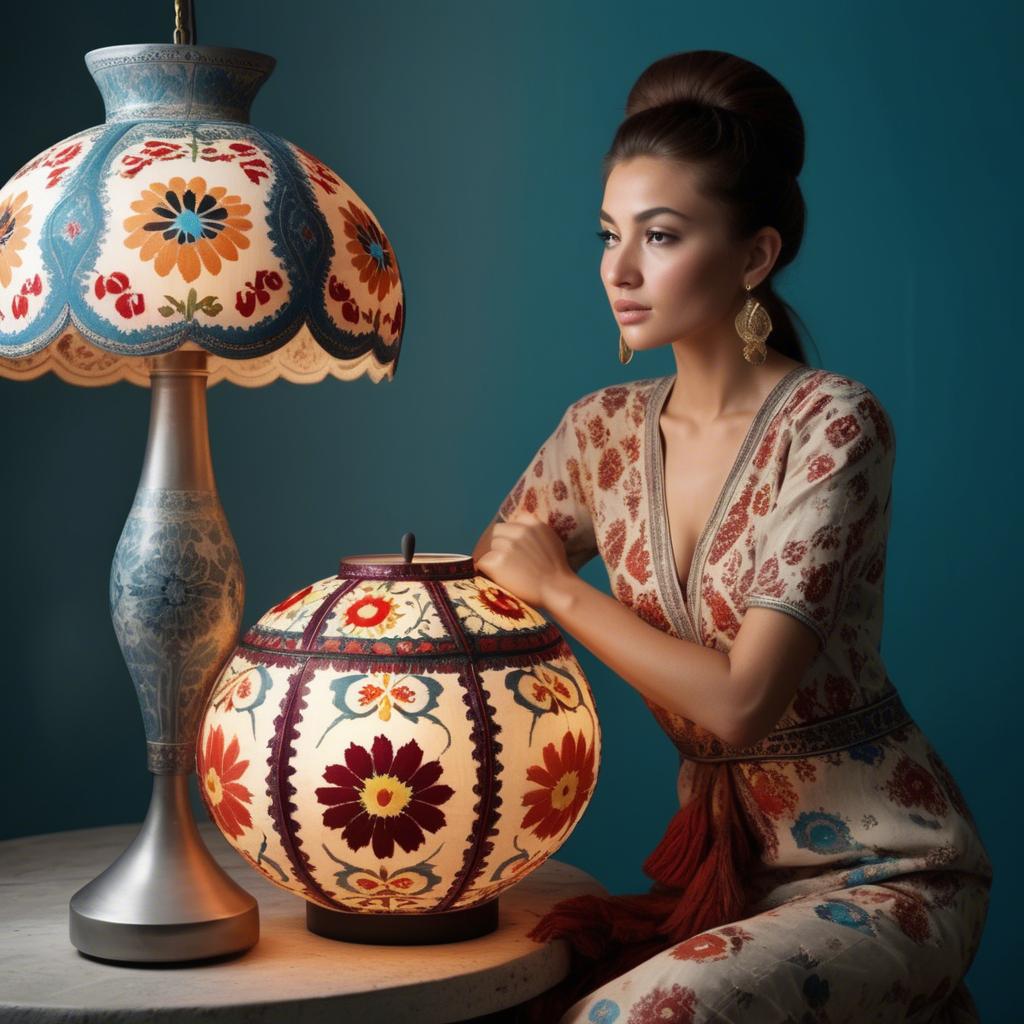 A stunning image of uzbek model donning a contemporary twist on traditional suzani glowing in soft lamp-light.