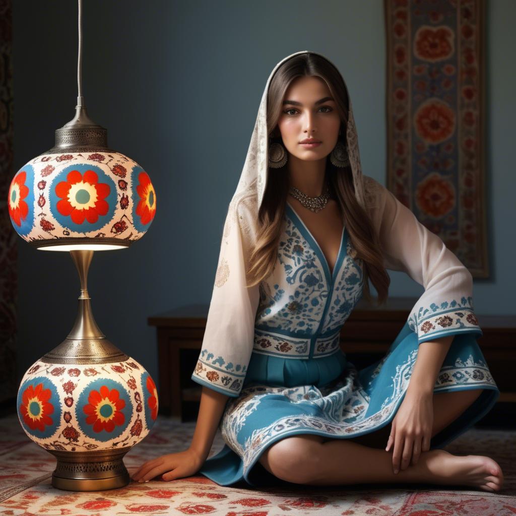 A stunning image of uzbek model donning a contemporary twist on traditional suzani glowing in soft lamp-light.
