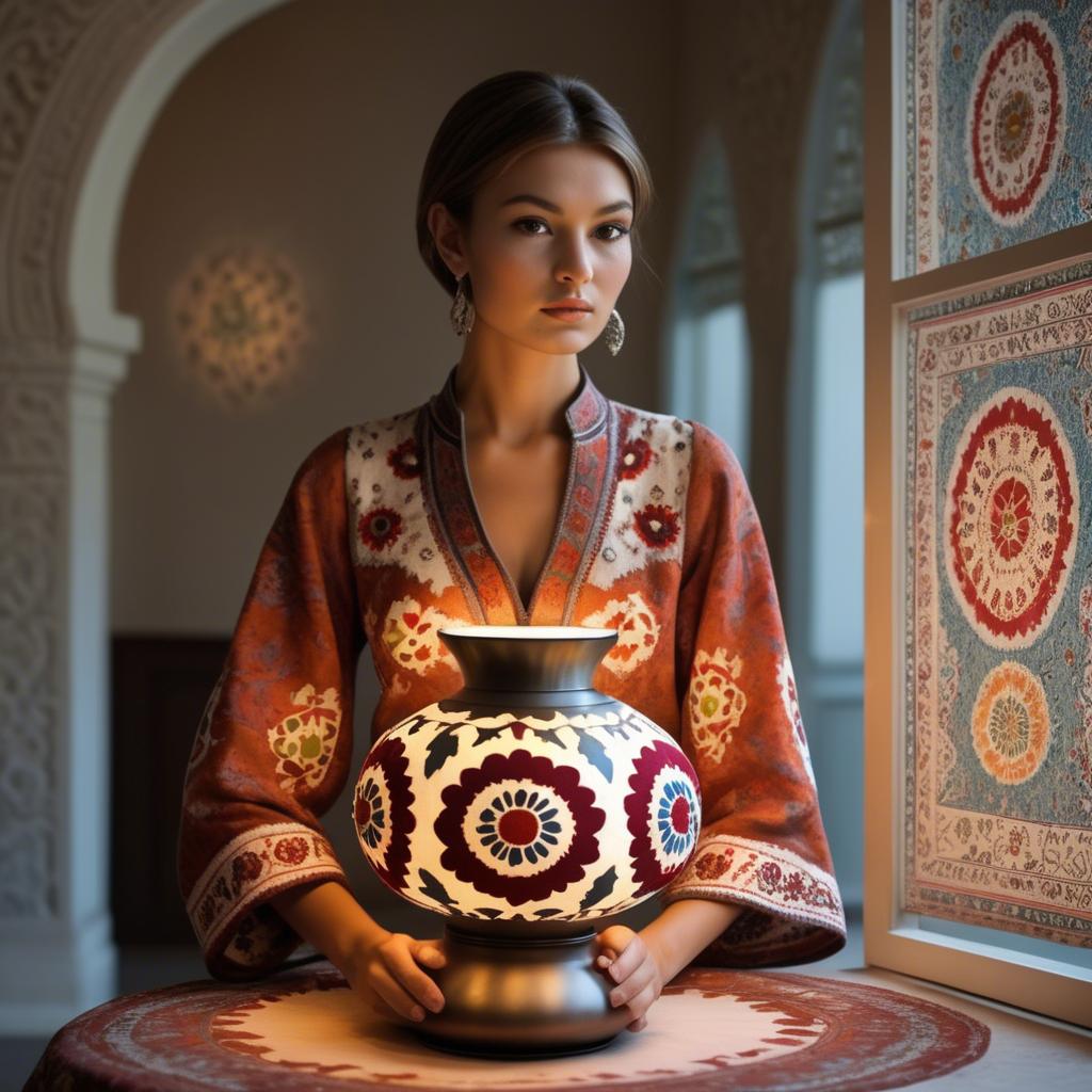 A stunning image of uzbek model donning a contemporary twist on traditional suzani glowing in soft lamp-light.