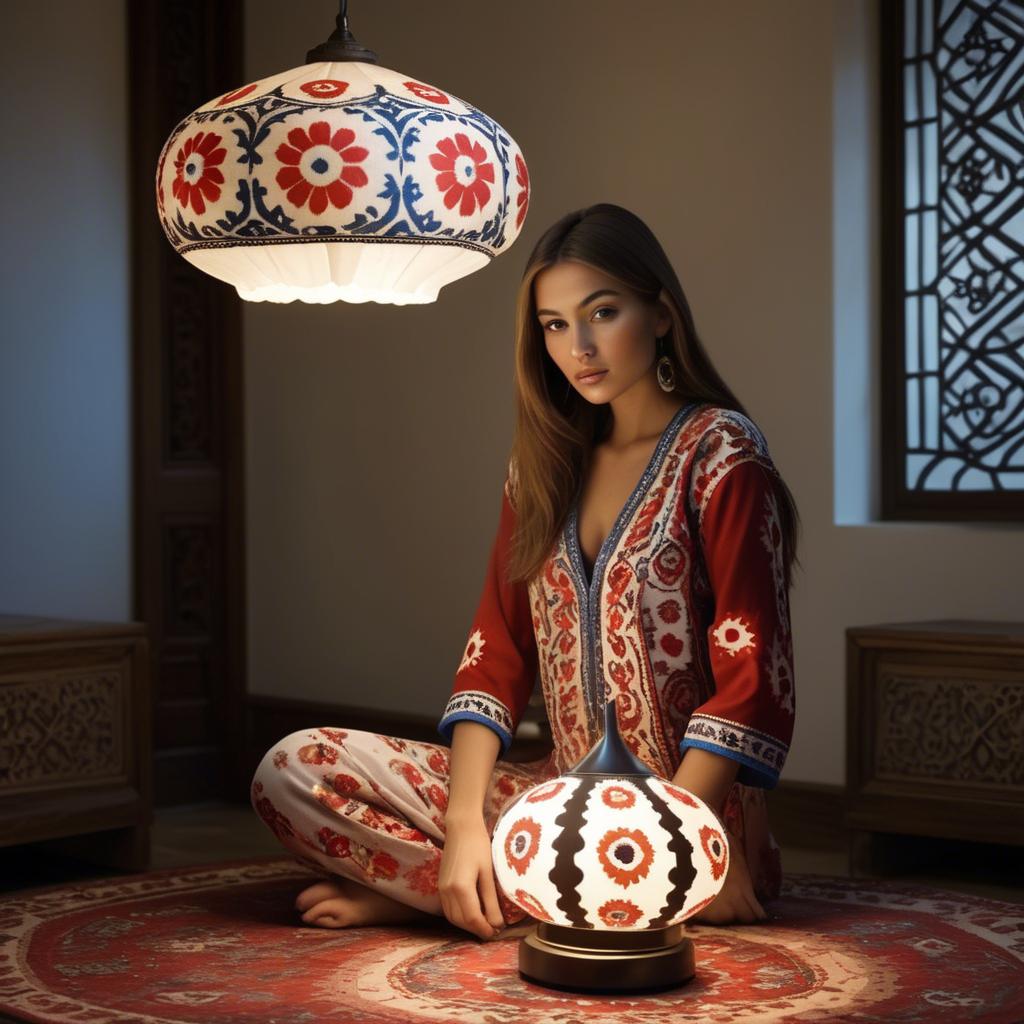A stunning image of uzbek model donning a contemporary twist on traditional suzani glowing in soft lamp-light.