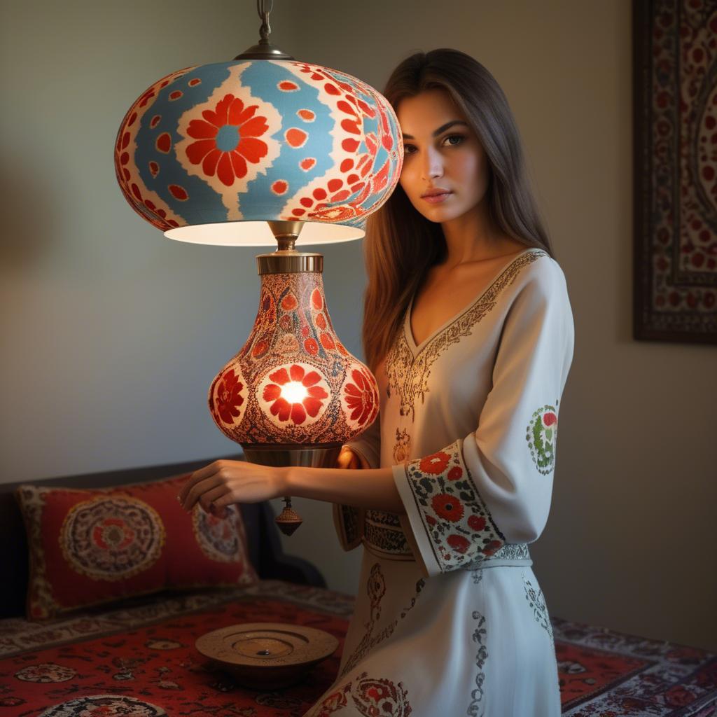 A stunning image of uzbek model donning a contemporary twist on traditional suzani glowing in soft lamp-light.