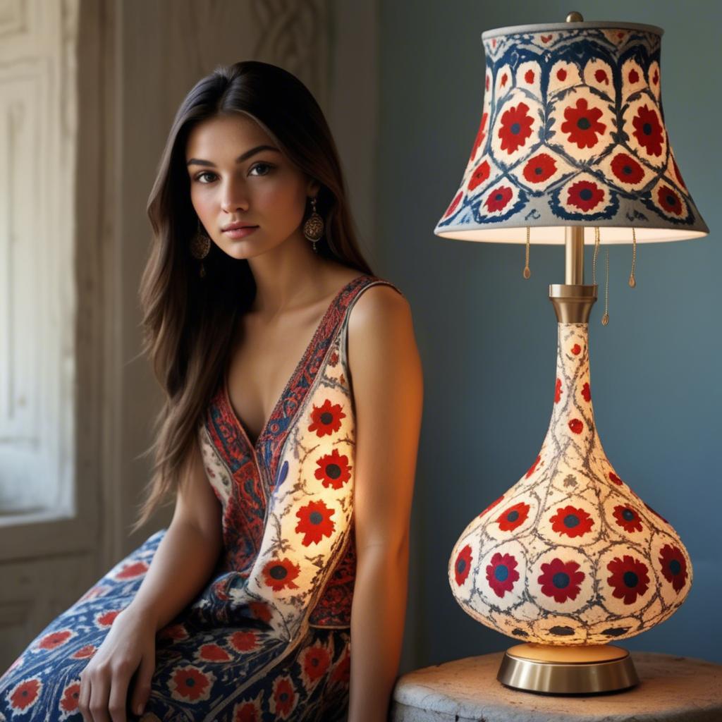 A stunning image of uzbek model donning a contemporary twist on traditional suzani glowing in soft lamp-light.