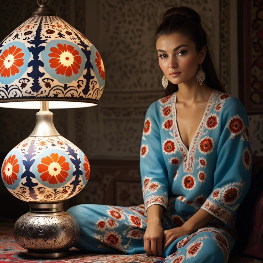 A stunning image of uzbek model donning a contemporary twist on traditional suzani glowing in soft lamp-light.