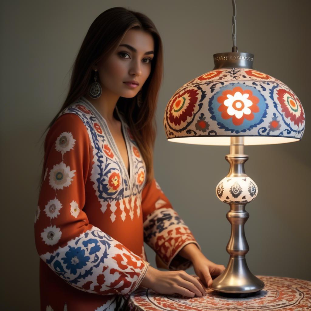 A stunning image of uzbek model donning a contemporary twist on traditional suzani glowing in soft lamp-light.