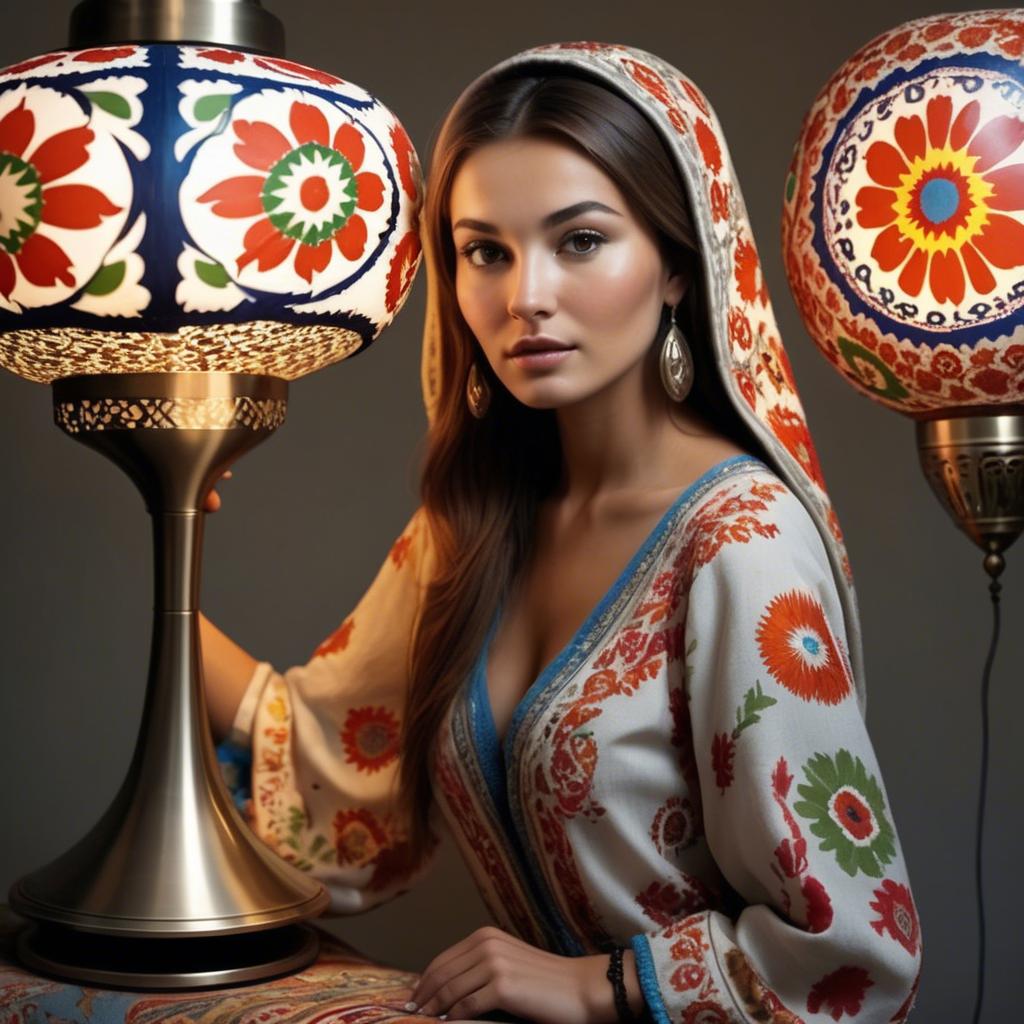 A stunning image of uzbek model donning a contemporary twist on traditional suzani glowing in soft lamp-light.