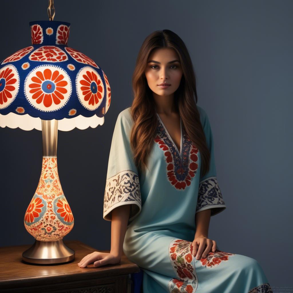 A stunning image of uzbek model donning a contemporary twist on traditional suzani glowing in soft lamp-light.