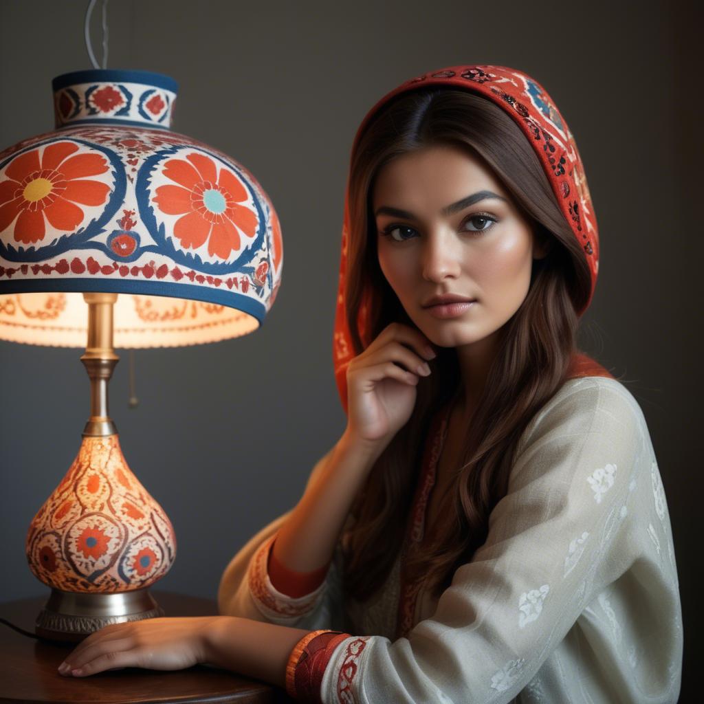 A stunning image of uzbek model donning a contemporary twist on traditional suzani glowing in soft lamp-light.