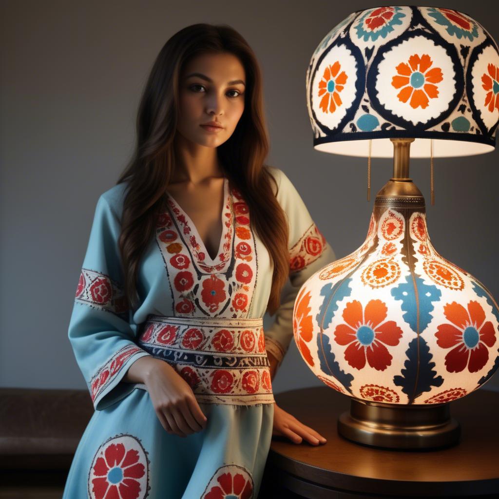 A stunning image of uzbek model donning a contemporary twist on traditional suzani glowing in soft lamp-light.