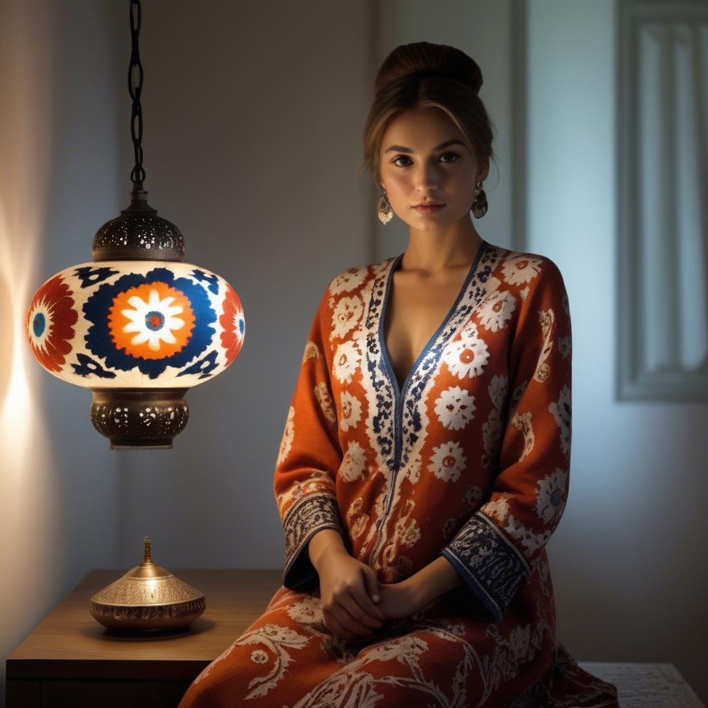 A stunning image of uzbek model donning a contemporary twist on traditional suzani glowing in soft lamp-light.