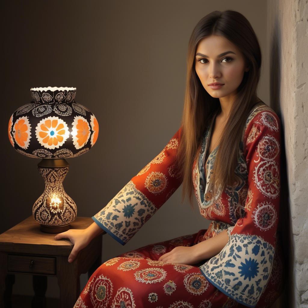 A stunning image of uzbek model donning a contemporary twist on traditional suzani glowing in soft lamp-light.