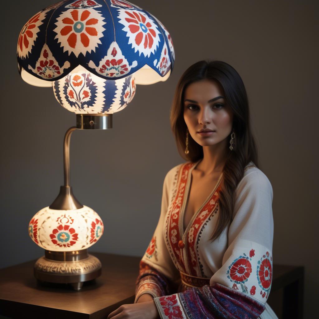 A stunning image of uzbek model donning a contemporary twist on traditional suzani glowing in soft lamp-light.
