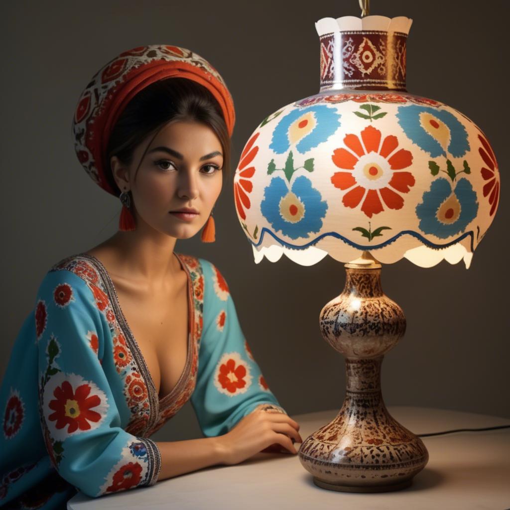 A stunning image of uzbek model donning a contemporary twist on traditional suzani glowing in soft lamp-light.