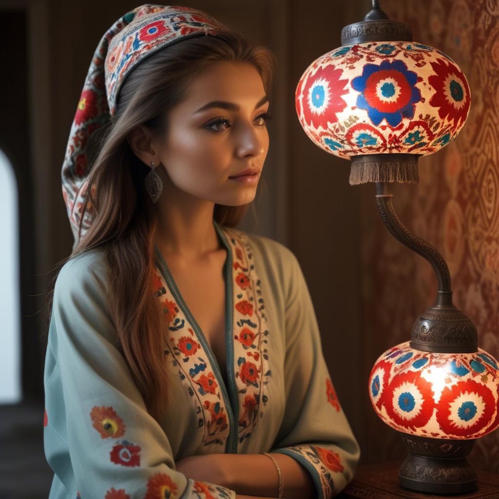 A stunning image of uzbek model donning a contemporary twist on traditional suzani glowing in soft lamp-light.