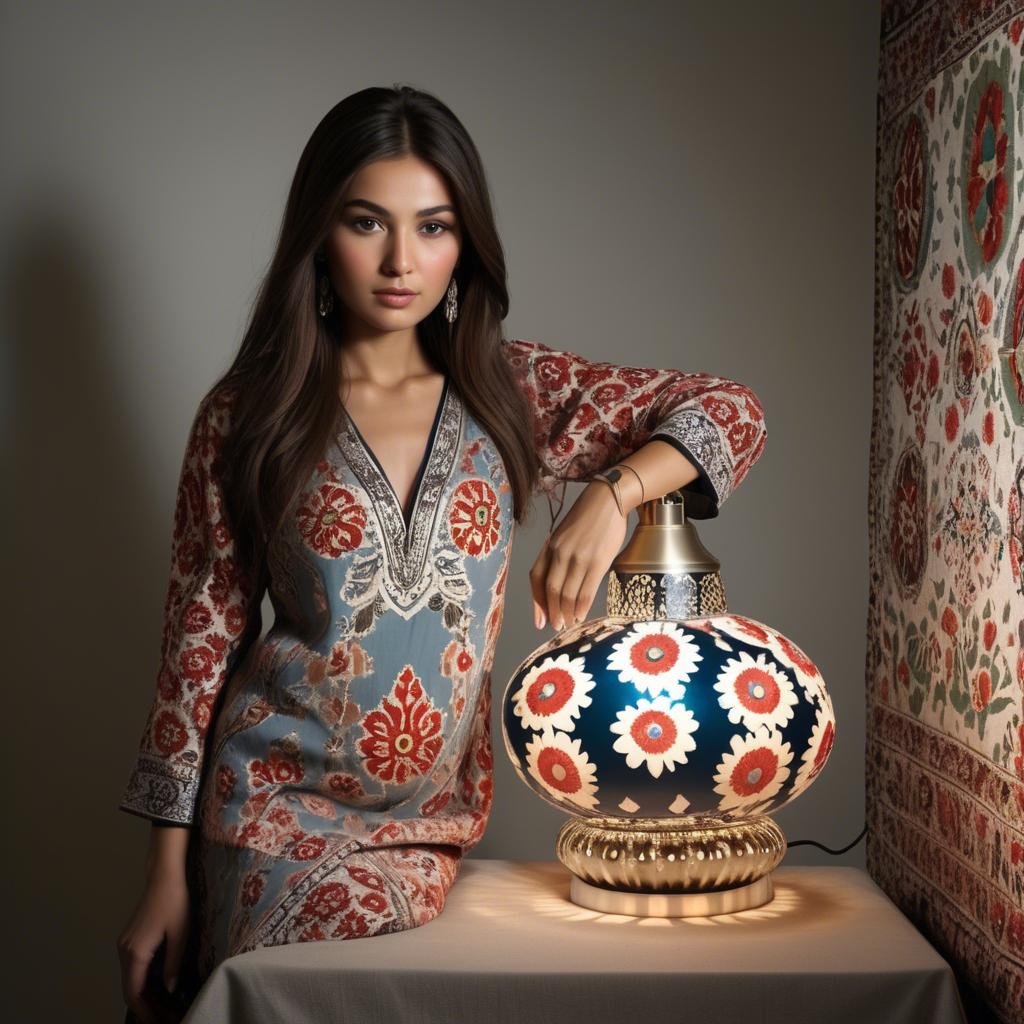 A stunning image of uzbek model donning a contemporary twist on traditional suzani glowing in soft lamp-light.